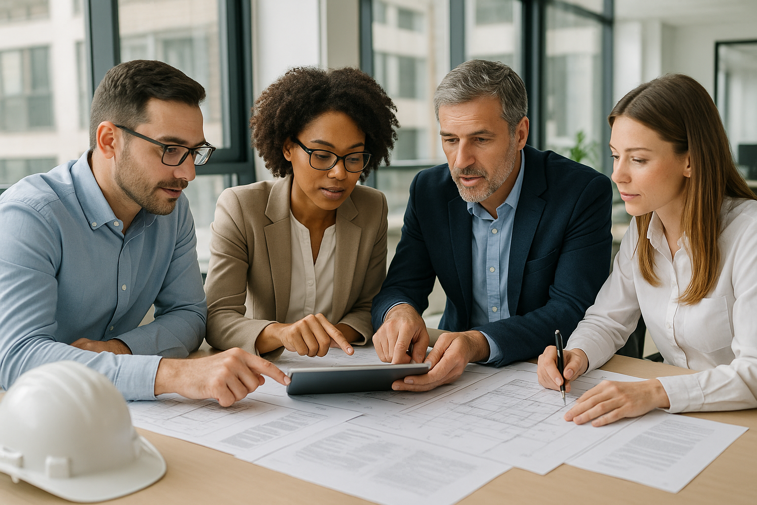 Equipo de APC SAS supervisando obras con planos técnicos y vestimenta profesional